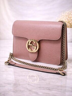 Authentic Gucci Interlocking GG Shoulder Bag Pink Leather Chain Crossbody